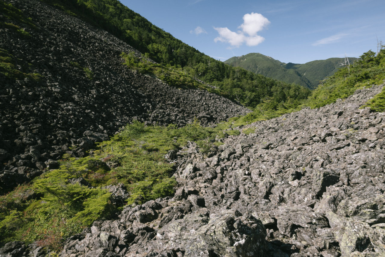 岩が積み重なる甲斐駒ヶ岳の山麓