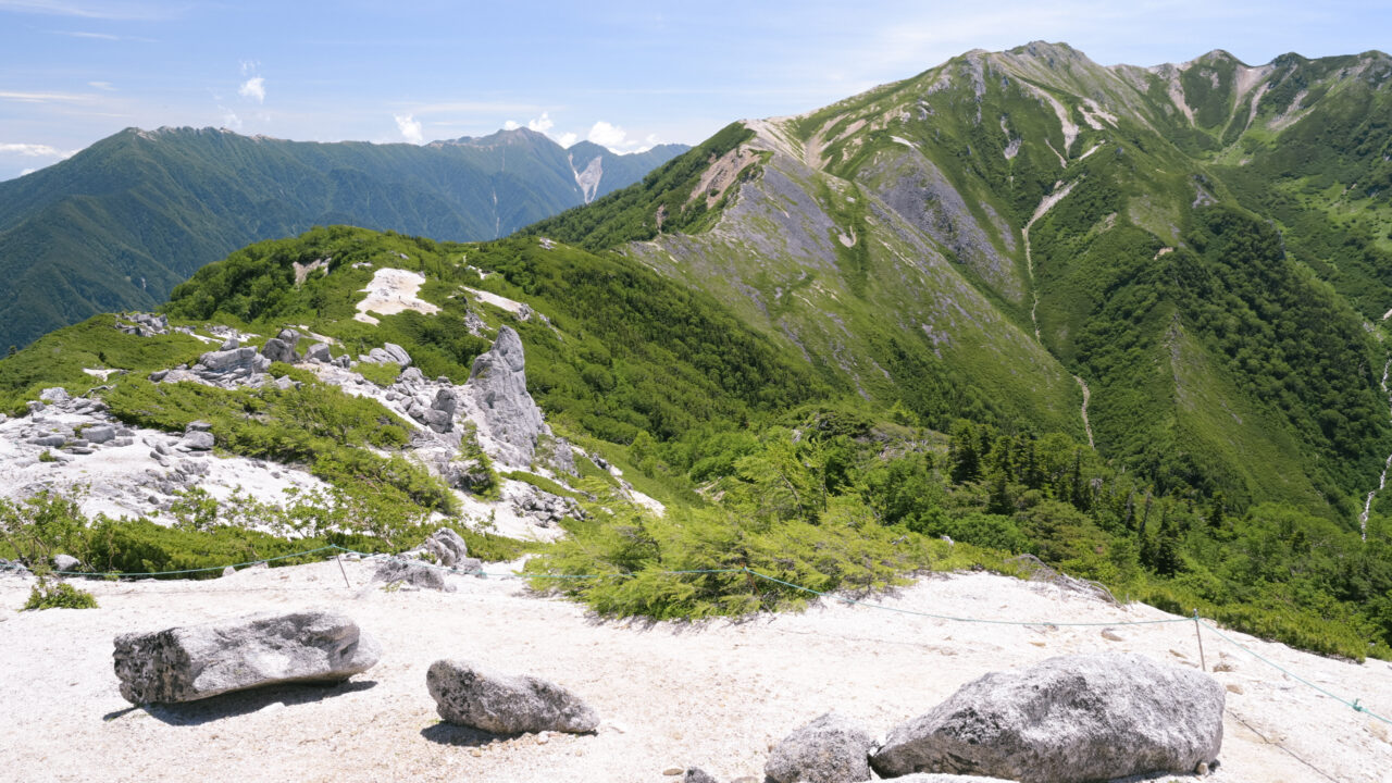 白砂の稜線のむこうの山々