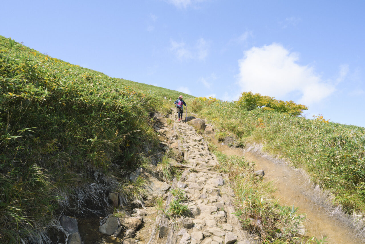 山頂へと続く石積みの登山道