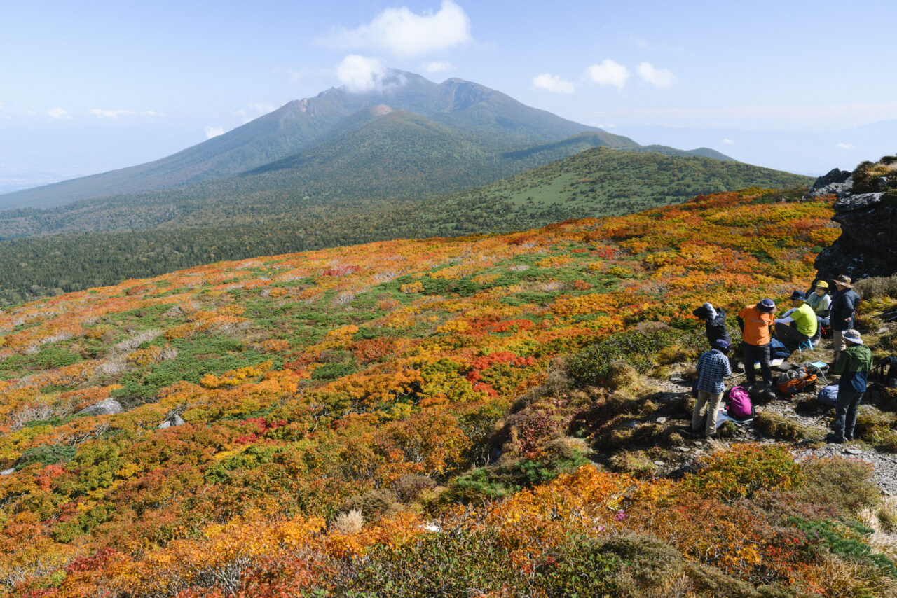 紅葉の岩手山を眺める人々