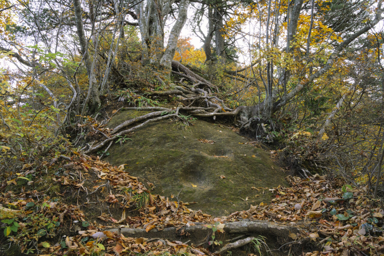巨岩には足を乗せるための切り出しがある