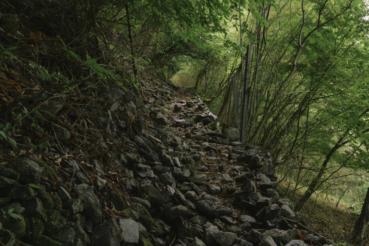 石積みが壊れ石が散乱する登山道