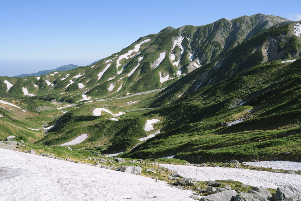 雪渓の室堂と大汝山