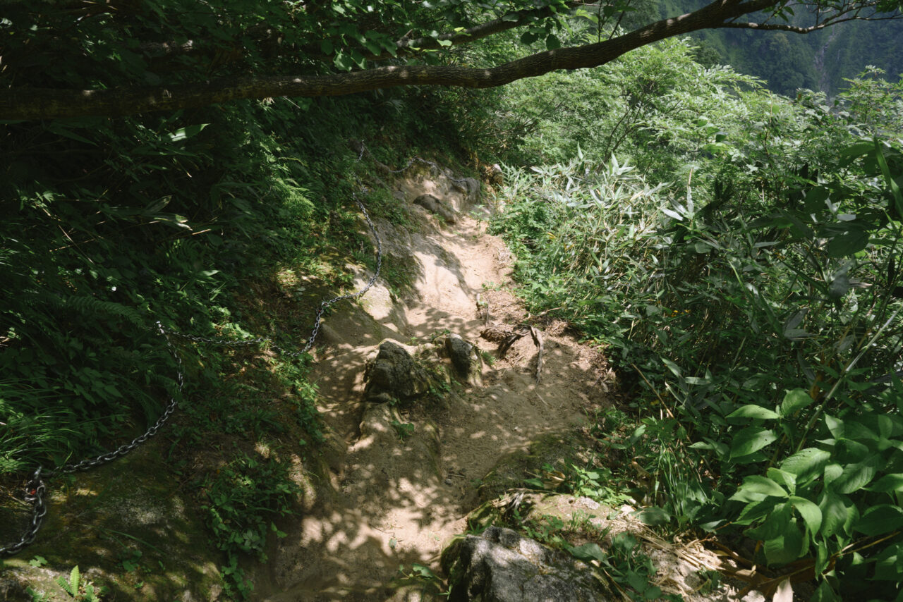 鎖がつけられた登山道